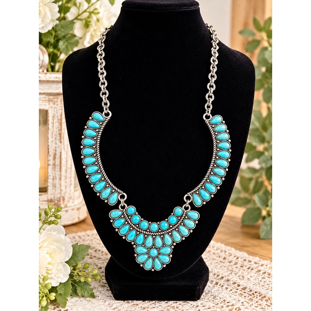 Western Turquoise Silver Statement Bib Necklace Bohemian Southwestern Style